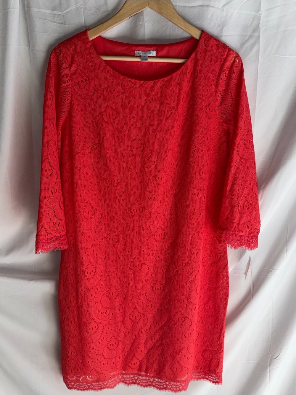 London Times Bright Coral Lace Midi Dress